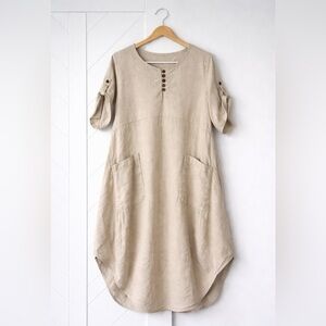 Minibee Linen Blend Tunic Dress Medium Pockets Linen Cotton Blend
